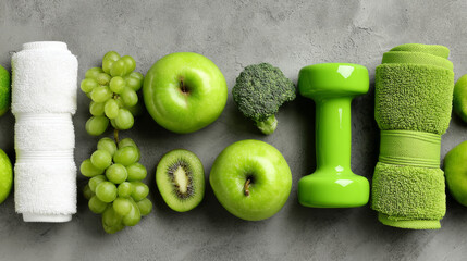 Grouping of green fruits and items representing fitness and healthy dietary habits
