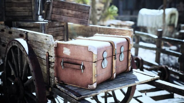 A rustic wooden cart holds two weathered leather trunks, set against a backdrop of an old western village under bright sunlight. The scene evokes a sense of nostalgia.