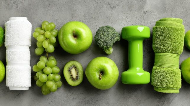 Grouping of green fruits and items representing fitness and healthy dietary habits
