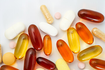 Vitamins capsules, fish oil, soft gels, supplements, omega 3, omega 9, vitamin D, vitamin E