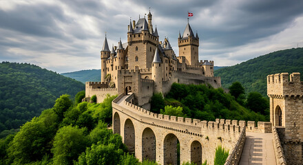 Obraz premium Ancient Mountain Castle with Stone Bridge