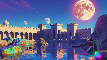 Surreal castle landscape with vibrant colorful rocks on a serene lake under a glowing moonlit sky.