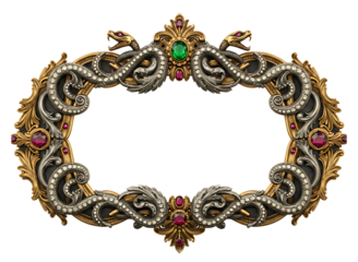 Ornate silver snake frame with red gemstones isolated on transparent background
