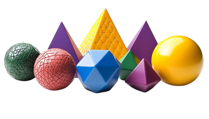 Colorful geometric shapes with various textures and glossy surfaces arranged in row, creating vibrant and playful composition