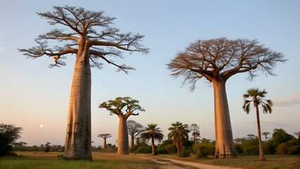 Obraz premium Majestic baobab trees with thick trunks and lush green foliage, set in the beautiful landscape of Madagascar