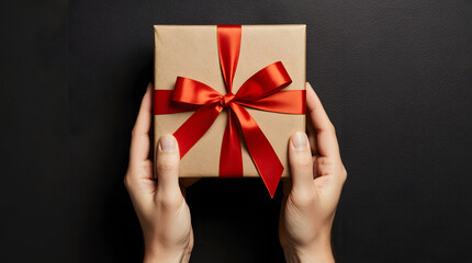 A pair of hands gently holds a paper gift box tied with a red ribbon, set against a dark background, creating a sense of elegance and anticipation