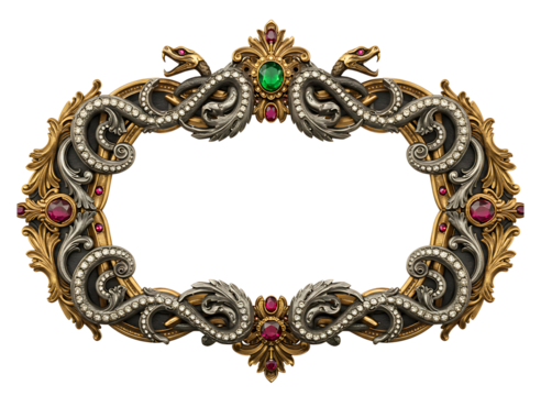 Ornate silver snake frame with red gemstones isolated on transparent background - Powered by Adobe