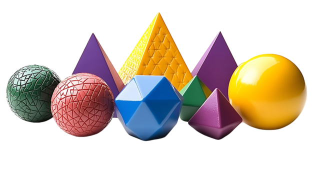 Colorful geometric shapes with various textures and glossy surfaces arranged in row, creating vibrant and playful composition - Powered by Adobe