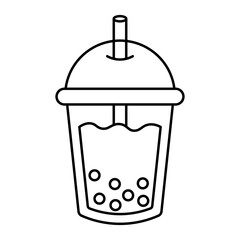 Cute line art bubble tea cup with tapioca pearls and dome lid isolated on white background