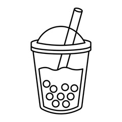 Outline illustration of bubble milk tea with dome lid and tapioca pearls isolated on white background