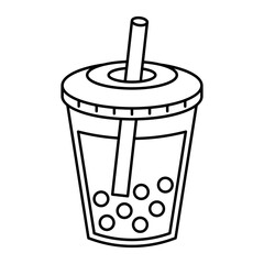 bubble milk tea with flat lid and straw line drawing isolated on white background