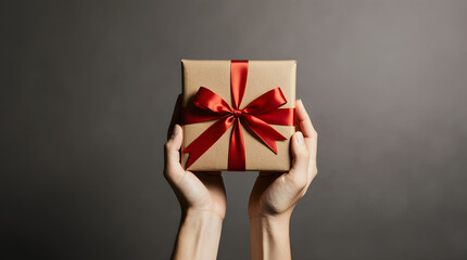 A pair of hands gently holds a paper gift box tied with a red ribbon, set against a dark background, creating a sense of elegance and anticipation