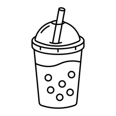 line art bubble tea cup with dome lid and straw isolated on white background