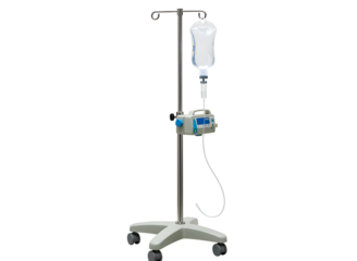 Medical iv stand with saline bag and tubing isolated on transparent background