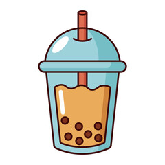 Blue bubble tea cup with dome lid and red straw isolated on white background