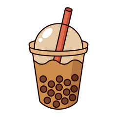 Brown bubble tea with dome lid and red straw isolated on white background
