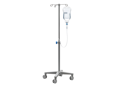 Medical iv stand with saline bag and tubing isolated on transparent background