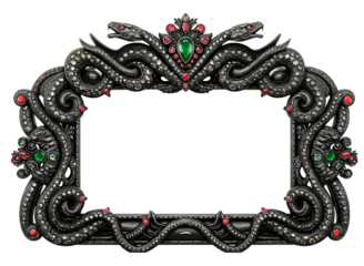 Ornate silver snake frame with red gemstones isolated on transparent background