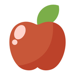 Flat red apple icon with green leaf isolated on white background.