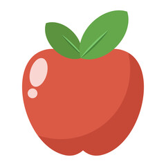 Flat red apple icon with green leaf isolated on white background.