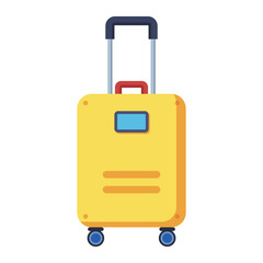 Yellow travel suitcase with wheels and handle cartoon style isolated on white background.