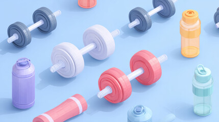 Isometric vector design of gym tools like dumbbells and water bottles promoting an active life
