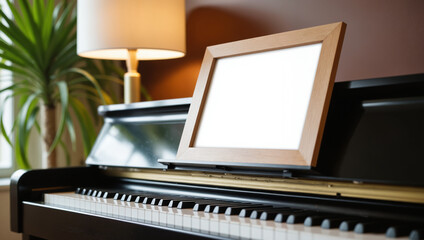 Fototapeta premium Empty Photo Frame on Piano Keys - Elegant Home Decor with Houseplant for Interior Design, Music Room Styling, and Memory Display