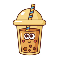 Cute bubble tea cup with smiling face cartoon style isolated on white background