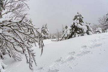 Angolo di montagna coperta da tanta neve fresca con impronte di uomo in primo piano