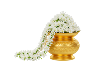 Ornate golden kalash decorated with marigold flowers isolated on transparent background