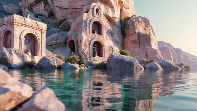 Tranquil waters reflecting ancient stone structures carved into a majestic cliffside landscape with figures