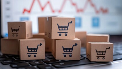 Small cardboard boxes with shopping cart icons stacked on a laptop keyboard,  blurred graph in background showing declining trend