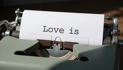 Vintage Typewriter with "Love is" Message - Nostalgic Writing Machine with Romantic Text for Valentine's Day Cards, Wedding Invitations, and Relationship Blogs