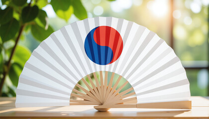 Traditional Korean Hand Fan &ndash; White Folding Fan with Taeguk Circle Design on Wooden Table for Cultural Displays, Asian Heritage Collections, and Decorative Art Presentations