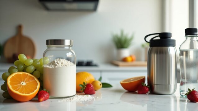 Frasco de polvo de creatina junto a frutas frescas, batido de prote&iacute;nas y botella de agua en una encimera de cocina limpia, escena de estilo de vida fitness