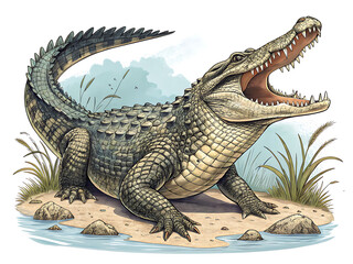 Obraz premium An elegant fighter Saltwater Crocodile icon set against a clean white background. 
