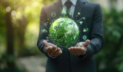 Businessman holds a holographic green Earth