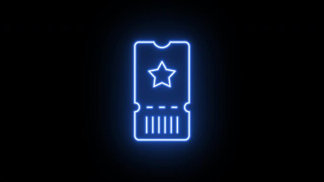 Neon ticket icon, flickering emergence and fading. Glowing neon ticket icon, looped animation. Music admission pass, cinema ticket, lottery coupon, early access pass. Violet blue azure colors