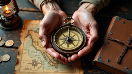 Manos sosteniendo una brújula rota sobre un mapa antiguo, rodeada de monedas antiguas, una linterna y un diario de viaje desgastado