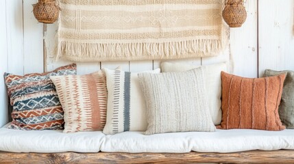 Cozy boho nook with patterned throw blankets, textured wall art, inviting pillows, ample space for creative slogans