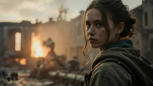 portrait of a young gorl in the city effected from world war sad reality about war