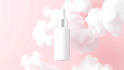 White dropper bottle against pink background with soft clouds