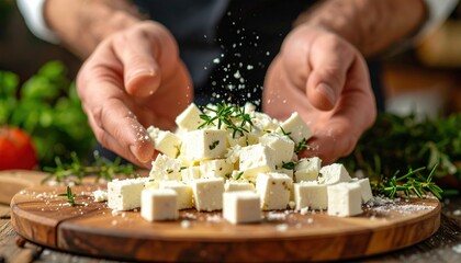 Chef's Hands Preparing Cubed Feta Cheese With Herbs