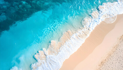 Aerial view of turquoise ocean waves meeting sandy beach