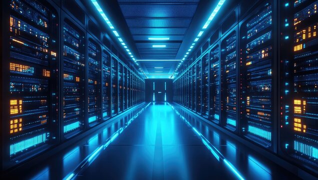 Futuristic server room lit by vibrant blue and orange lights