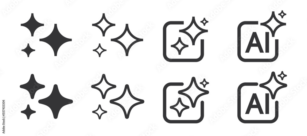 Poster Set of generative AI icons. AI star symbol. AI logotype. Artificial intelligence technology and Machine learning concept. Icon Element for website, mobile app. Vector illustration.