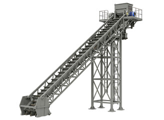 Industrial conveyor belt system with elevated platform and hopper isolated on transparent background