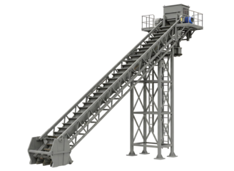 Industrial conveyor belt system with elevated platform and hopper isolated on transparent background