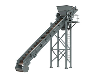Industrial conveyor belt system with elevated platform and hopper isolated on transparent background