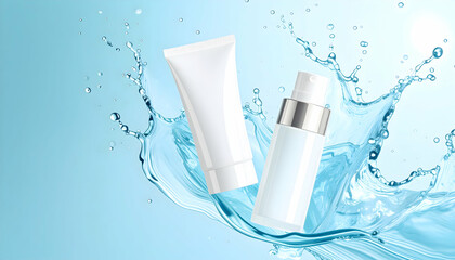White cosmetic tubes with water splash on blue background